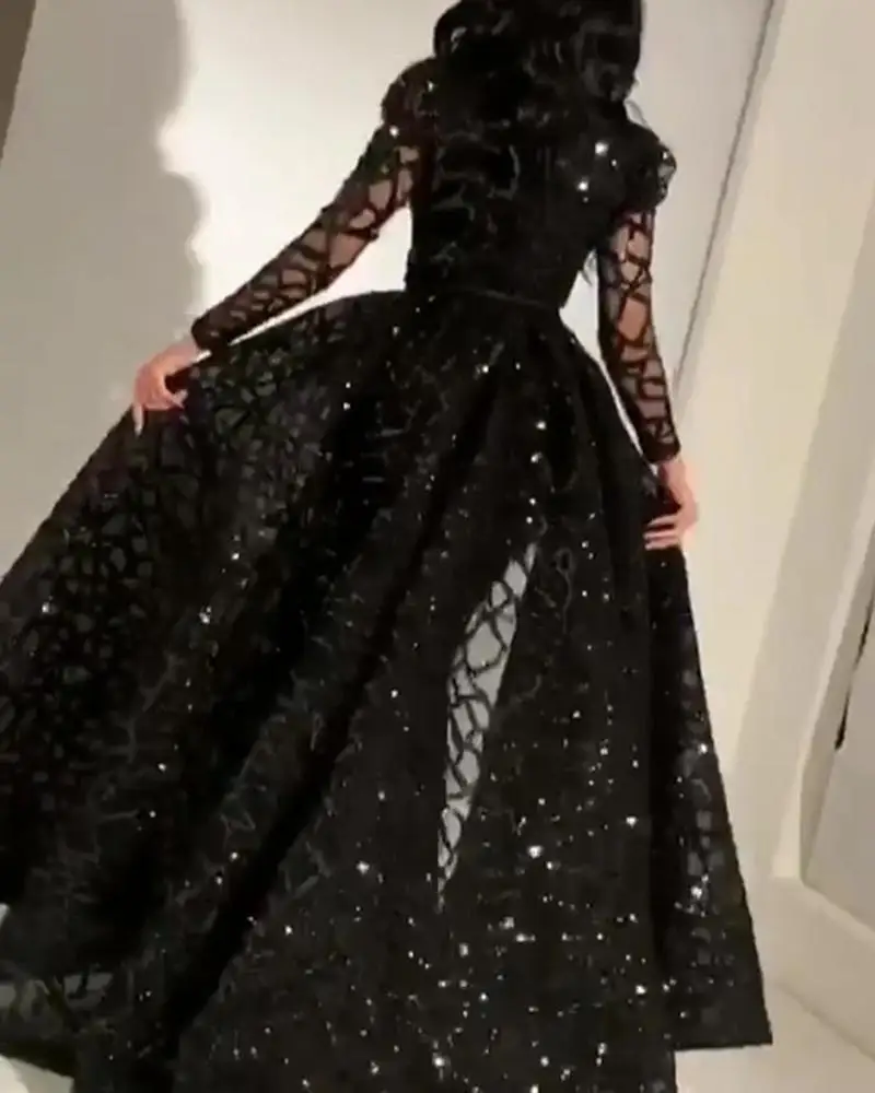 Women Dress 2021 Summer Long-Sleeved Sequined Expandable Elegant Gown Party Dress High Waist Big Swing Black Dresses Black