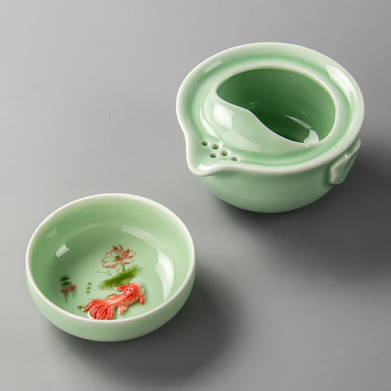 Green Ceramic 3D Carp Gaiwan Tea Set Tea Cup and Saucer Set Chinese Pot Cups and Mugs Teacups Coffeeware Teaware Teeware Teware