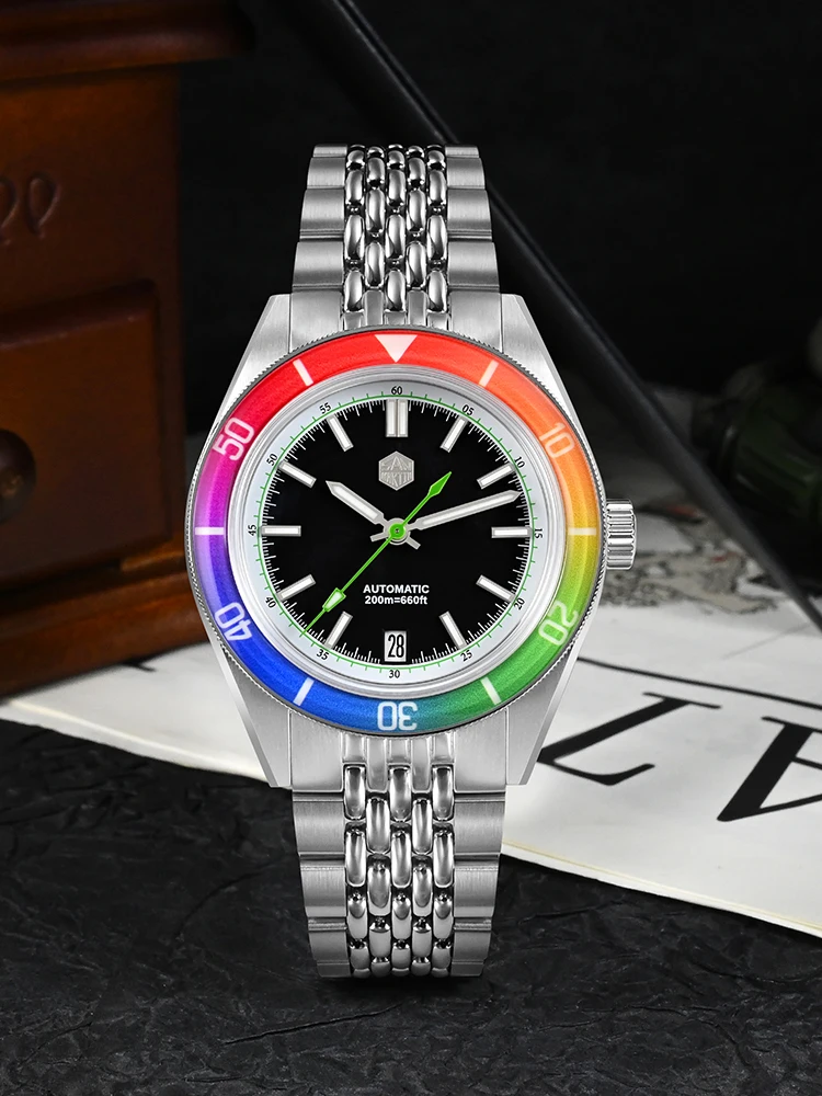 San Martin Original Design 39.5mm Fashion Men Diving Watch Sapphire Rainbow Bezel Mechanical Watches Luminous Date 200m SN0116