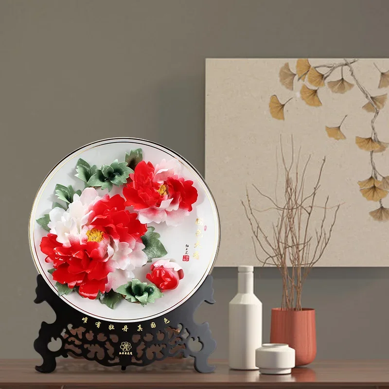 Home Living Room Decoration Hanging Plate, Chinese Ceramic Handmade Art Gold Border Peony Flower Porcelain Plate, Gift Box