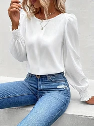 2024 Fall New Casual Solid Round Neck Long Sleeve Shirts White Women's Blouses