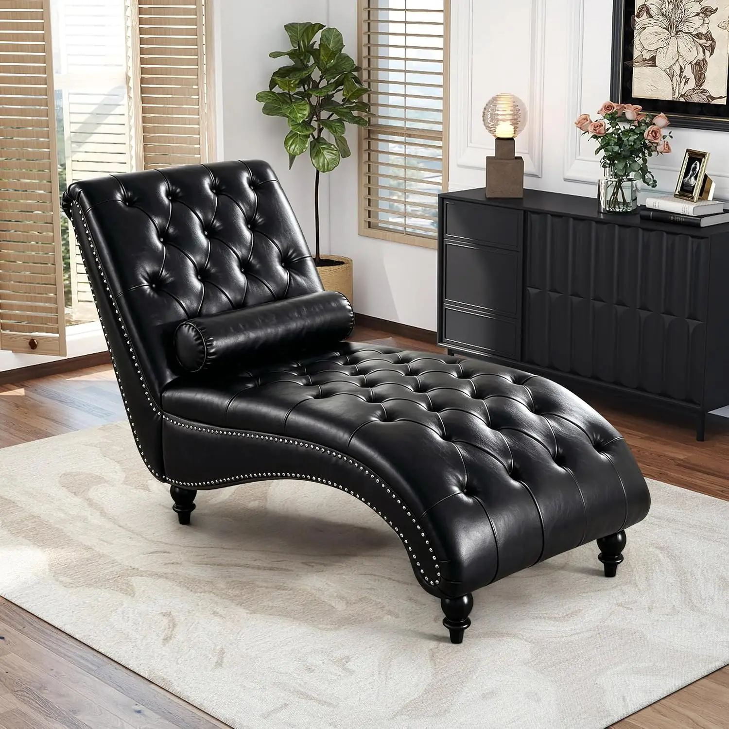 Faux Leather Chaise Lounge Indoor with Toss Pillow, Modern Chaise Lounge Chair, Upholstered PU Armless Ergonomic, Customized