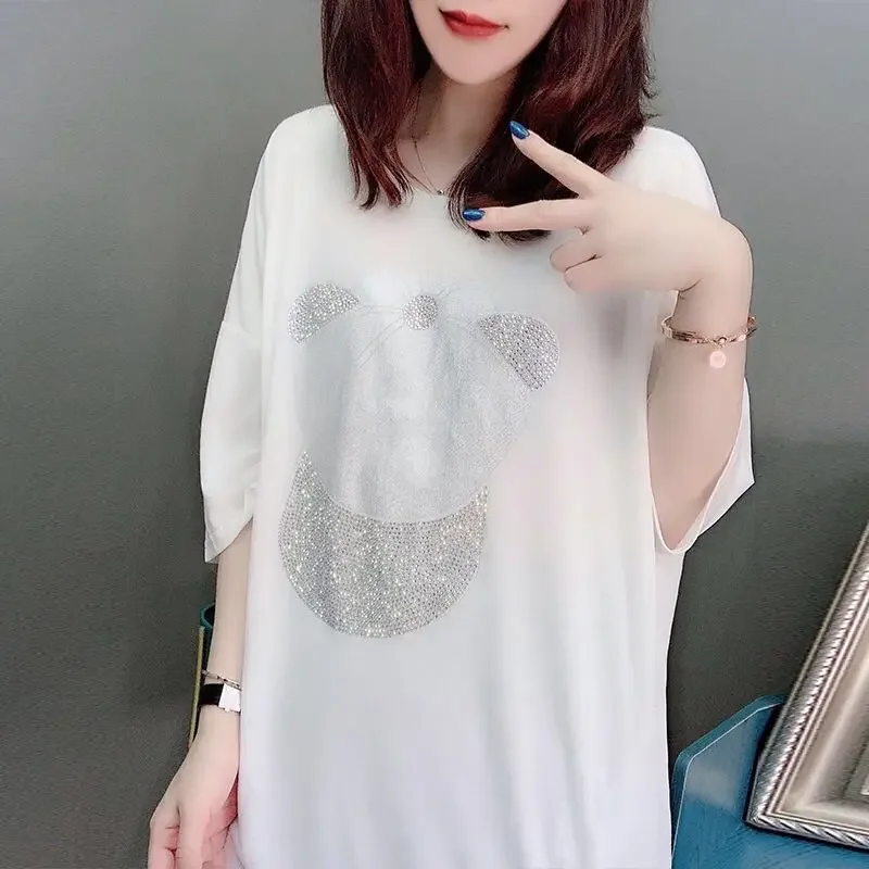 Top Female Rhinestone Baggy Sequin Women's T-shirt Graphic Pink Glitter Stylish Clothes Pulovers Woman Clothing Youthful