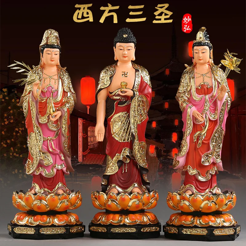 FX Home worship Western three saints resin Buddha statue standing statue ornament sand gold belt backlight three saints statue