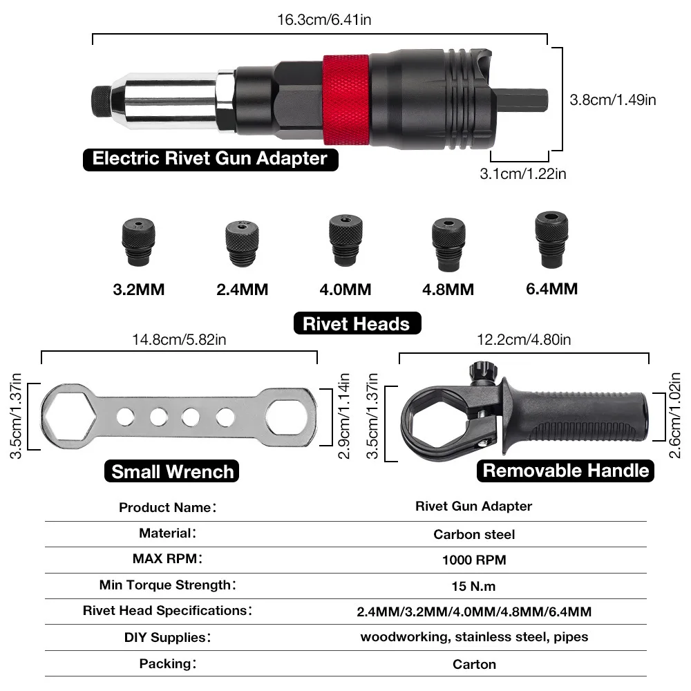 2.4MM/3.2MM/4.0MM/4.8MM/6.4MM 電動リベットガン リベットナットガンアダプター 家庭用プラグイン ワイヤレスリベットナットガンコンバーター レンチ付き