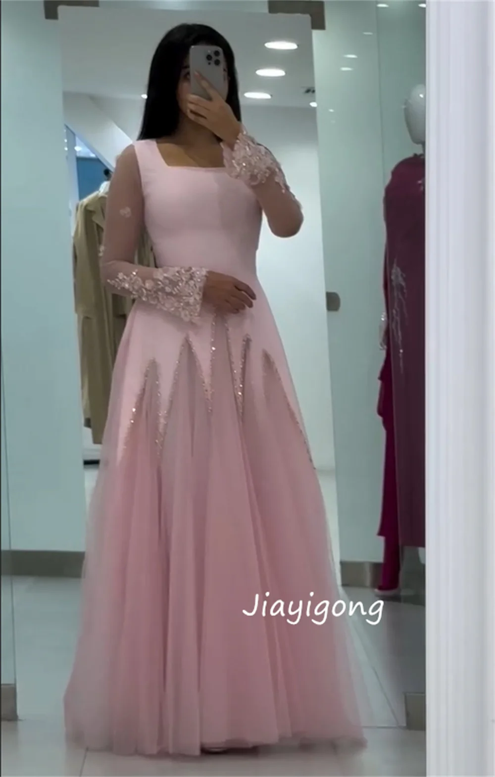 Customized Sparkle Jersey Sequined Pleat Flower A-line Square Neck Long Dresses Bespoke Occasion Evening Sizes Available