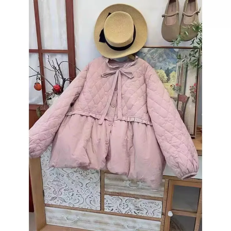 Winter Koreanische Mode Süße Rüschen Quilten Hoodie Mantel Harajuku Frauen Casual Mori Mädchen Kawaii Nette Lolita Rokoko Mantel Parkas