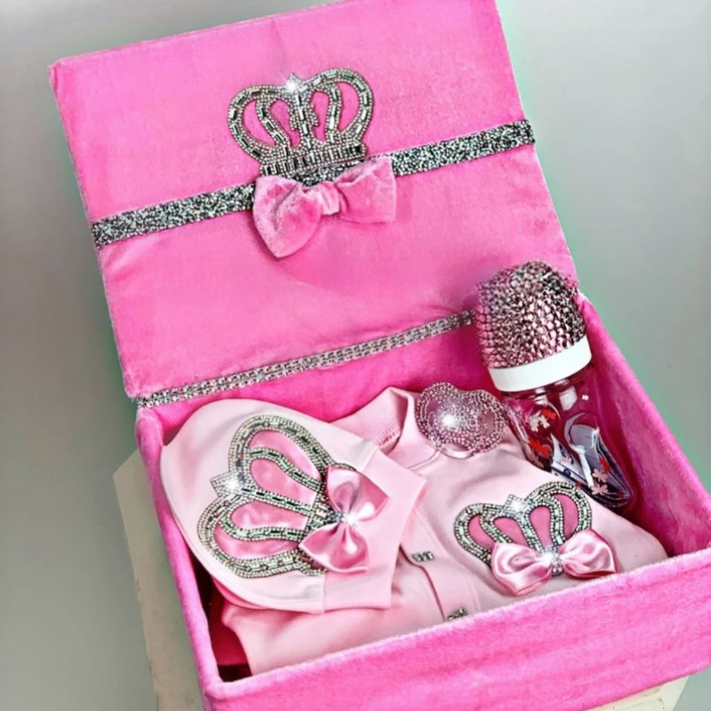 10pcs Newborn Baby Girl Outfits Luxury Infant Clothing 100% Cotton Welcome Home Crown Jewlery Gift Box Receiving Blanket Bedding