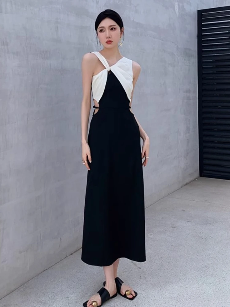 

Summer French Commuter Black Dress Women's 2024 New Hollow Out Waist Kink Contrast Color Slim Long Skirt Banquet Party Clothes