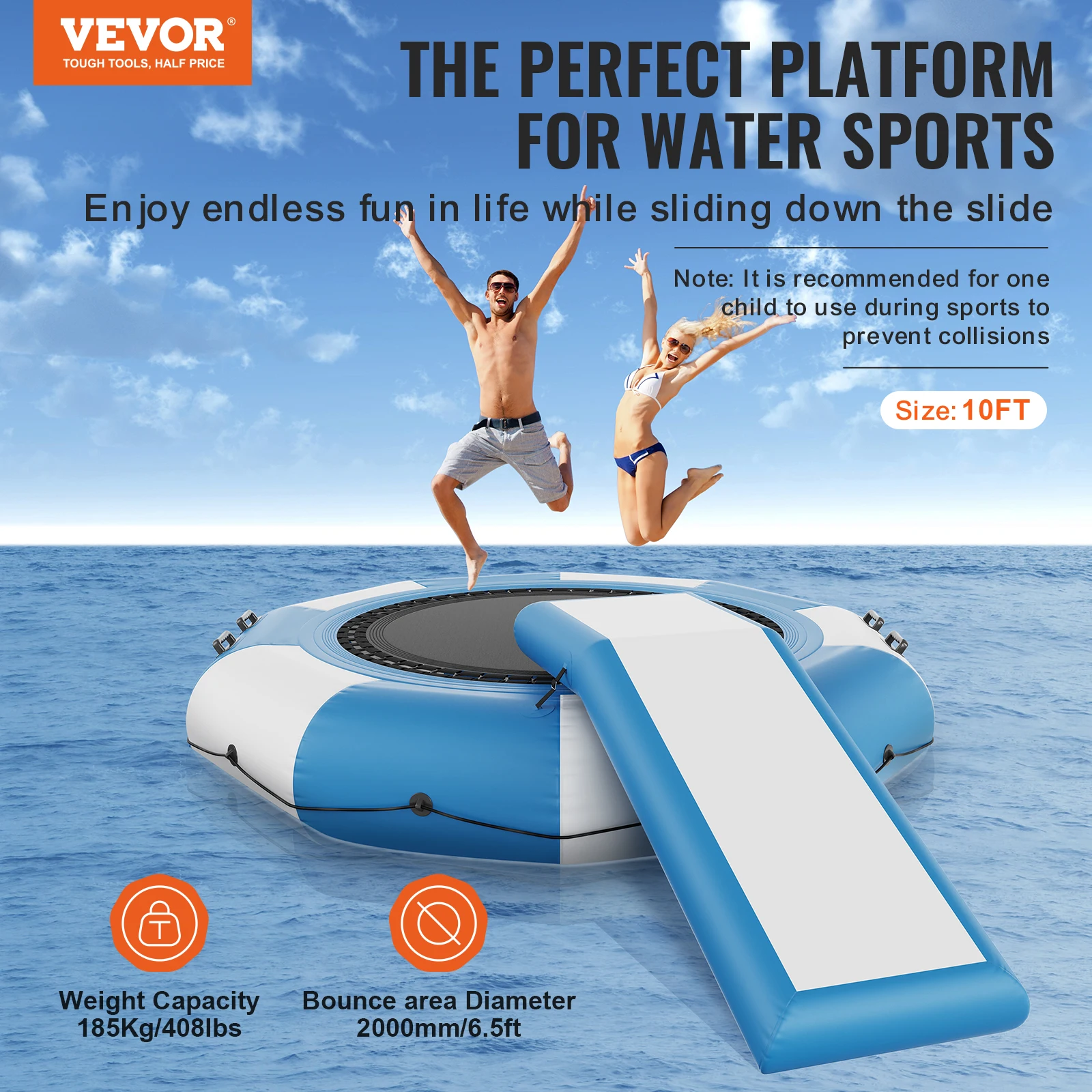 VEVOR 10ft Inflatable Water Bouncer Recreational Water Trampoline Portable Bounce Swim Platform with Slide 3-Step Ladder