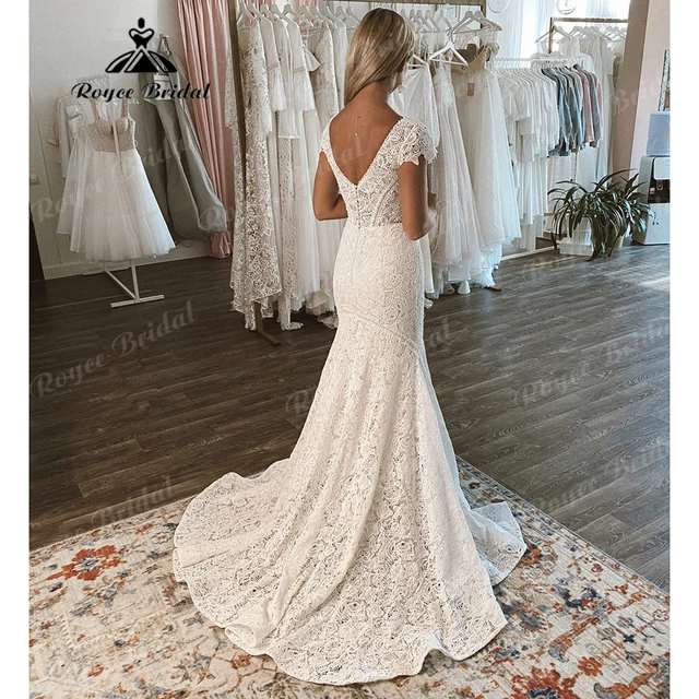 Short sleeve open back wedding dress deals