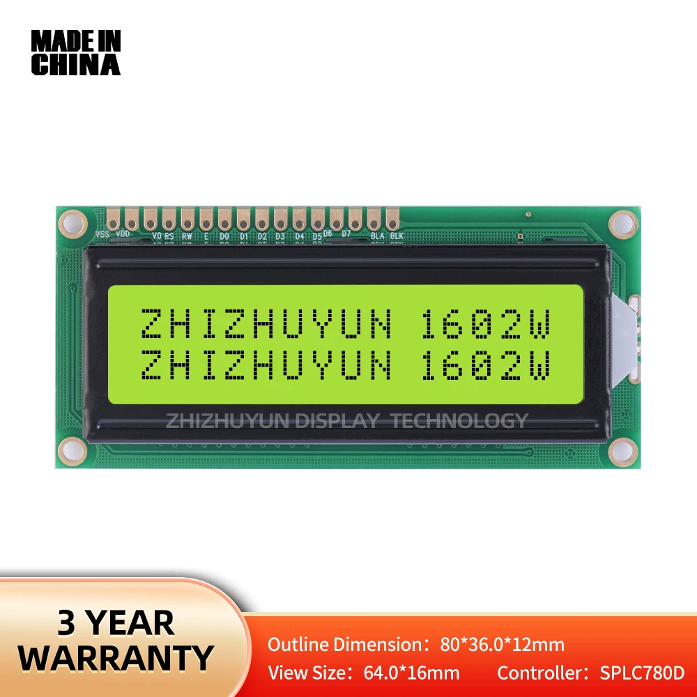 Pantalla LCD de caracteres de 1602W, membrana verde amarilla, Marco alto Stn, LCM en inglés, suministro estable de productos