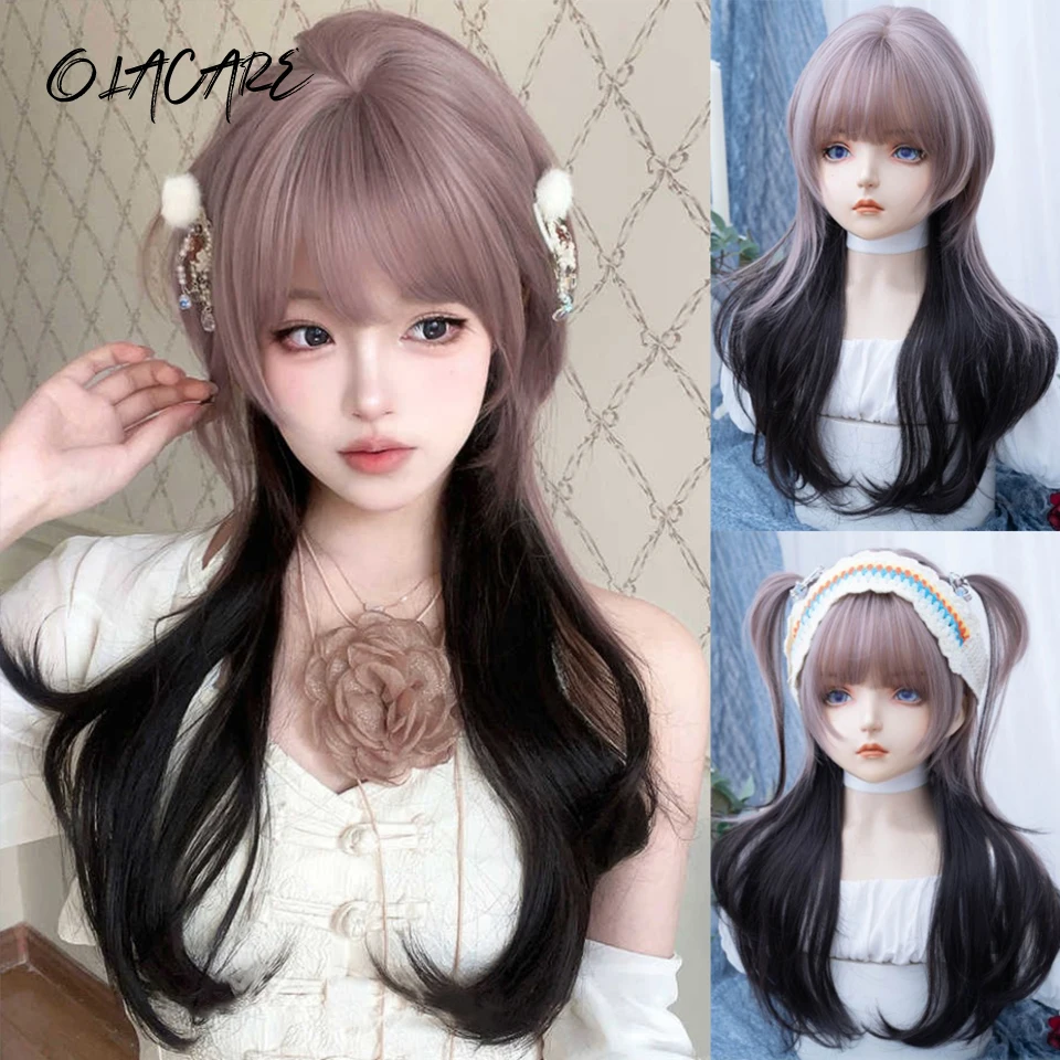 

Long Wavy Synthetic Omber Pink Purple Black Wigs with Bangs Cosplay Hairs Wig for Women Daily Natural Heat Resistant