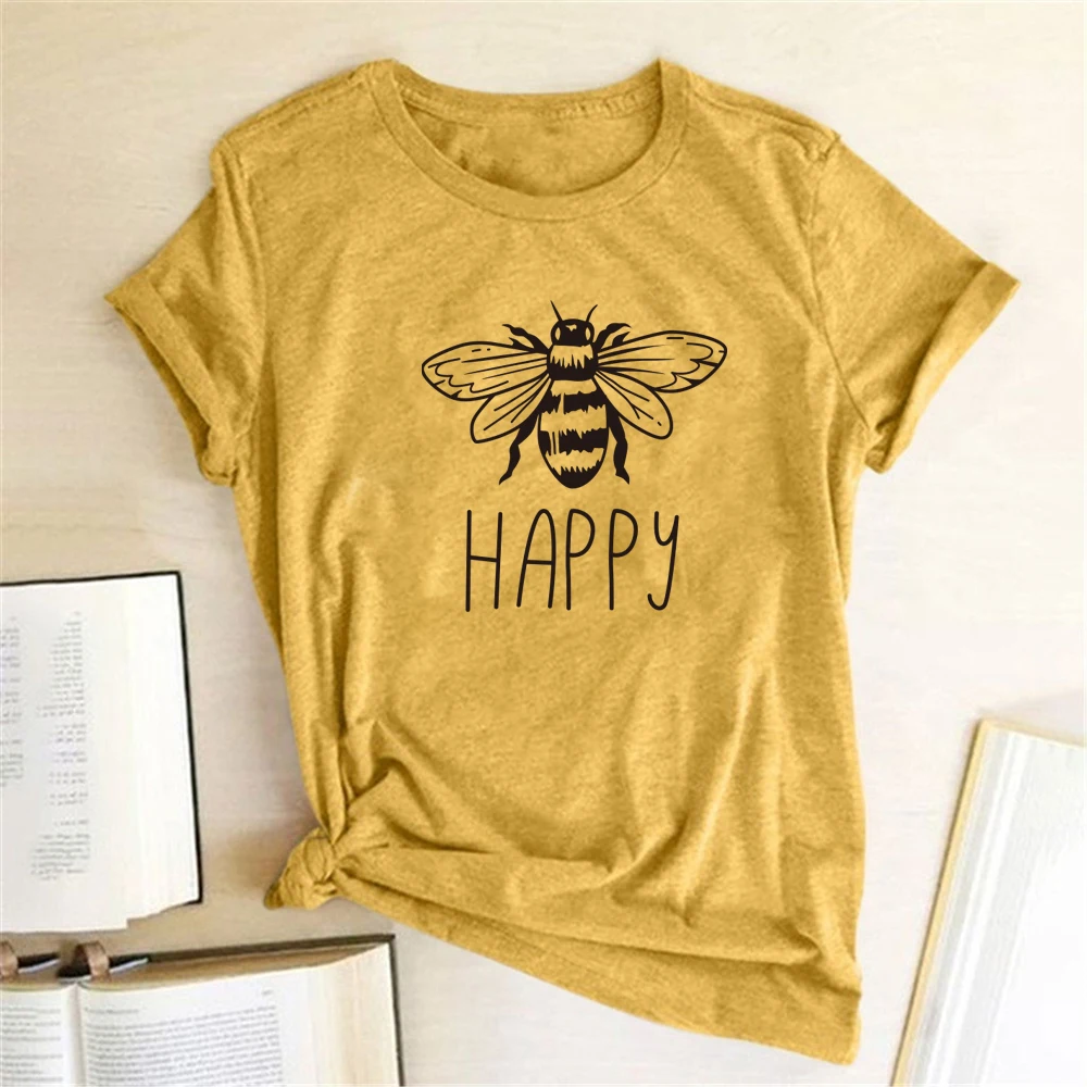 

Seeyoushy Happy Printed Bee Kind Women T-shirt Short Sleeve Casual Shirts Woman Ladies Summer Graphic Tees Y2K Tops Clothes 2023