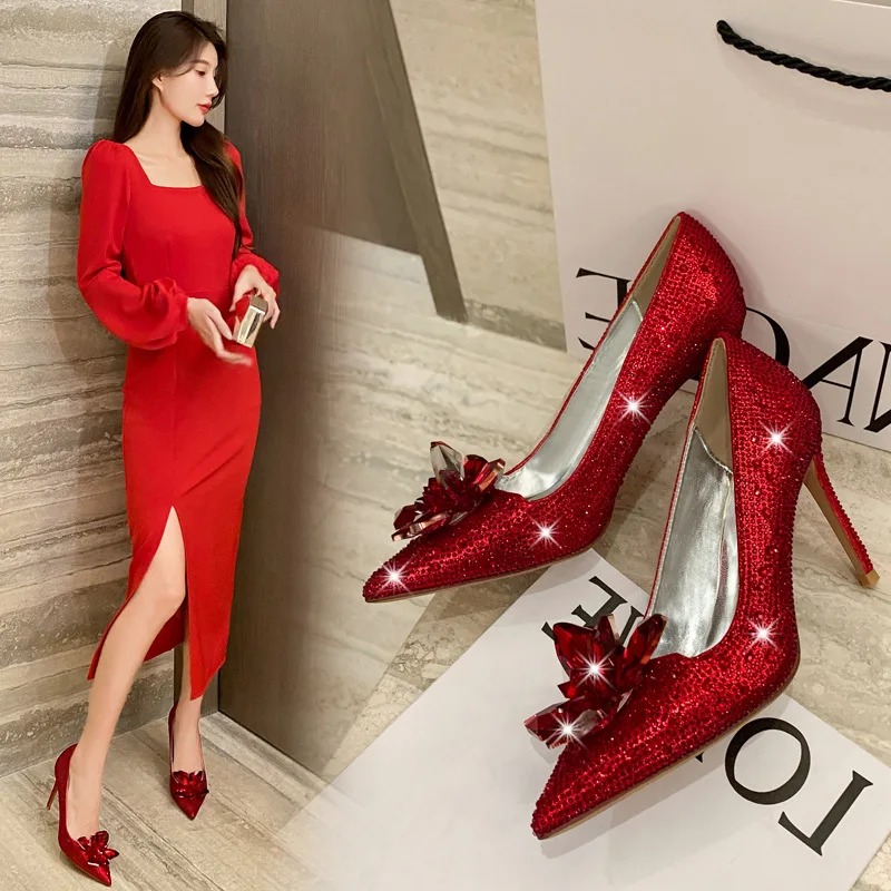 

Ladies Crystal Shoes 34-43 Size Thin Heeled Pointed Banquet Shallow Mouth Fashion Rhinestone Bride High Heeled Wedding Shoes