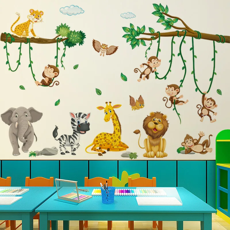 1 Piece Baby Room Decoration Wall Sticker Background Wall Forest Cartoon Animal World Children\'s Room Decoration