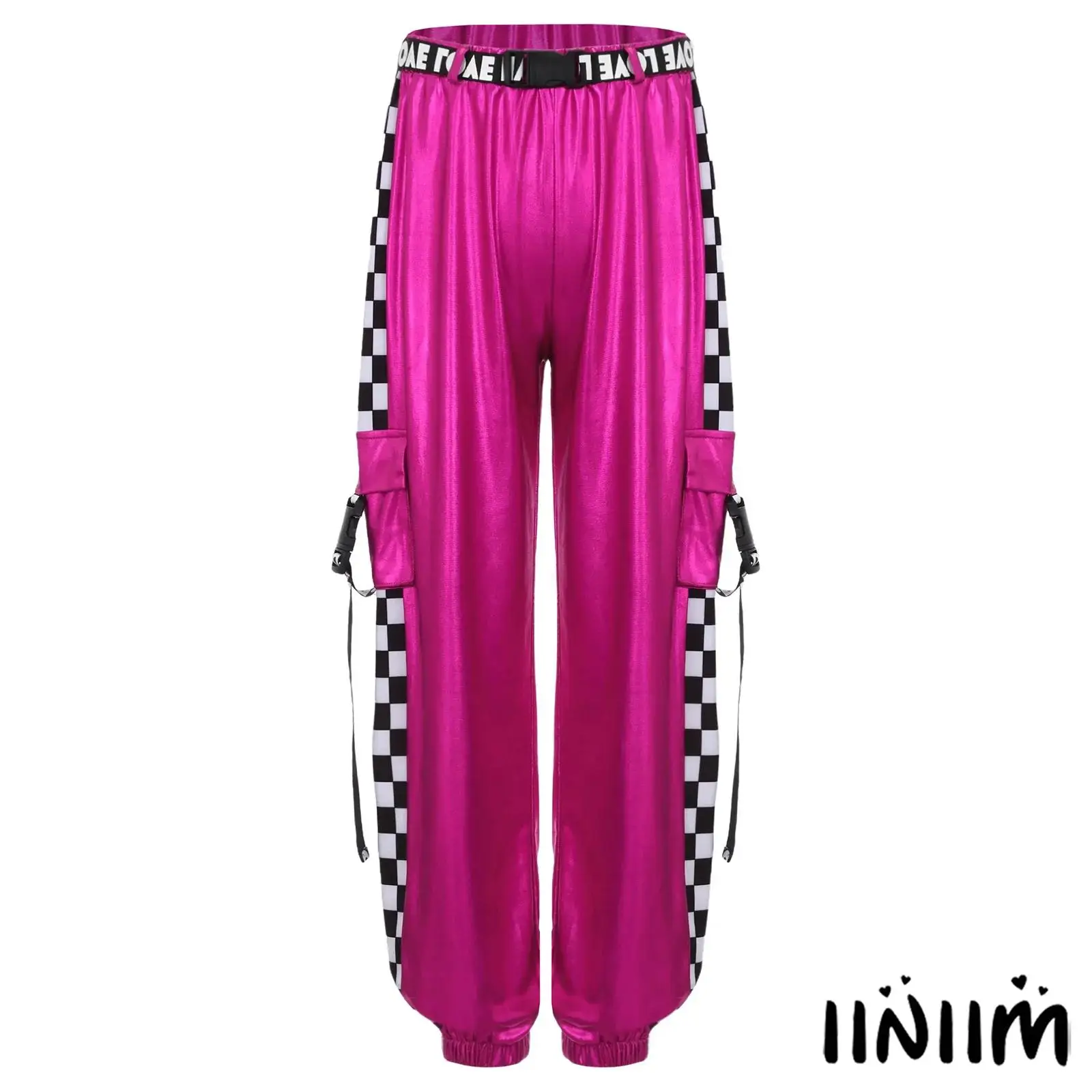 

Trendy Girls Hip Hop Dance Pants Checkered Print with Metallic Gloss And Adjustable Buckle Belt for Street Performances