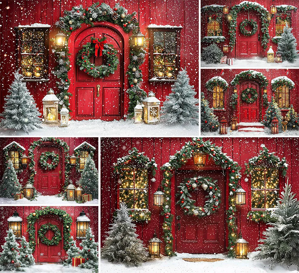 

Mehofond Christmas Red Door Wreaths Photography Backdrop Girl Birthday Party Xmas Trees Snow Board Walls Photo Studio Background