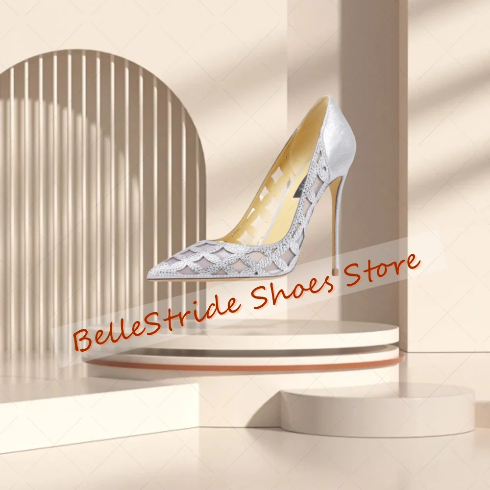 Silver Mesh Hollow Design Crystal Pumps Pointed Toe Women Shoes Thin High Heels Party Banquet Dating 2025 Zapatos Para Mujere