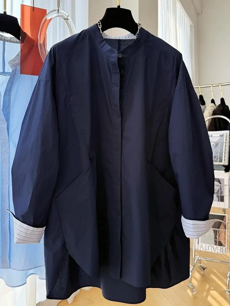 Blusa de mujer 2025 moda Casual suelta contraste manga larga cuello vuelto camisa de mujer Top