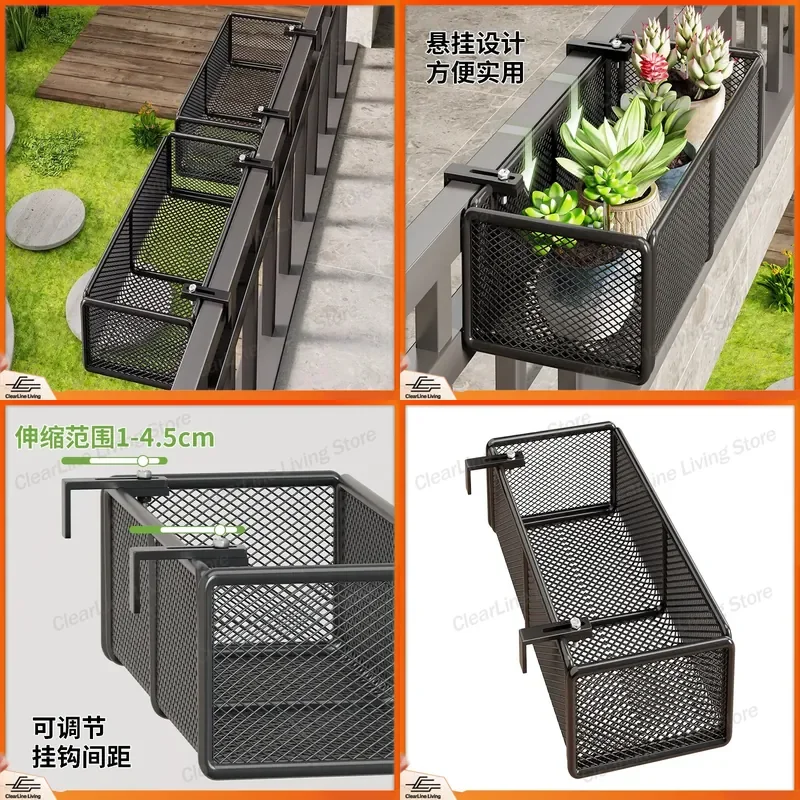 Wrought Iron Railing Guardrail Balcony Flower Stand Hanging Pot Rack for Green Dill Succulent Orchid Window Sill Shelf