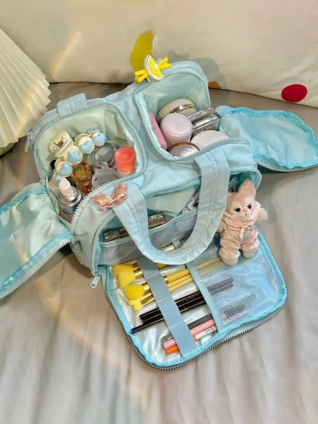 

Light Blue Dual-Zip Large Capacity Makeup Organizer Bag with Mesh Pockets