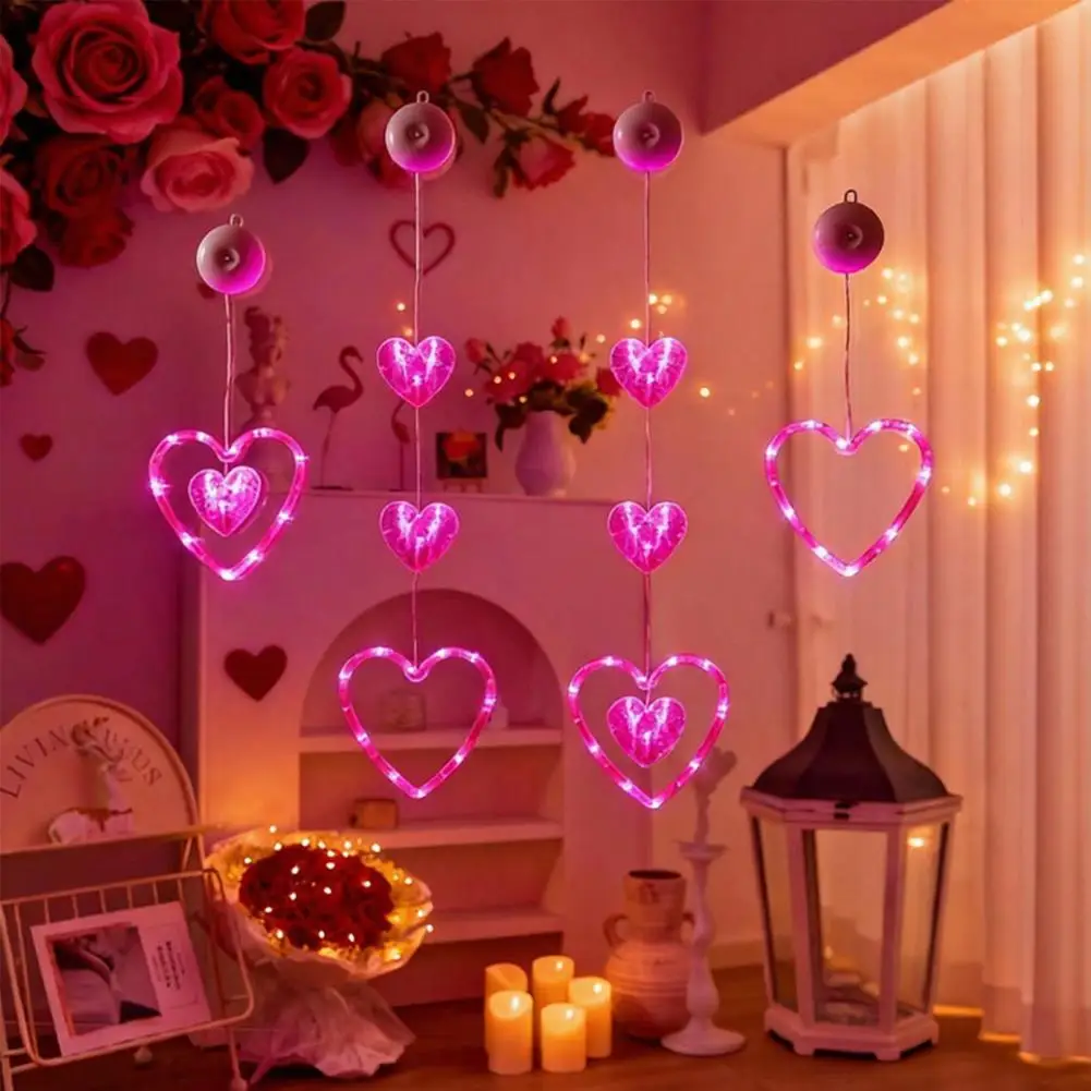 Timer Led Light 3pcs Heart Curtain Lights with Suction Cups Battery Operated Valentine's Day Window Decor Romantic Led Heart