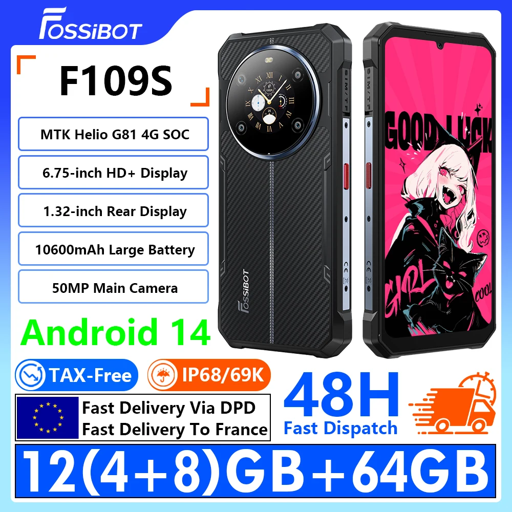 [Versand aus innerhalb Europas] FOSSIBOT F109S 4G Outdoor-Smartphone 6,75-Zoll HD+ Display 24(8+16)GB RAM+256GB ROM MediaTek Helio G81 4G 10600mAh Akku 18W Schnellladung 50MP+16MP Kamera 1,32-Zoll