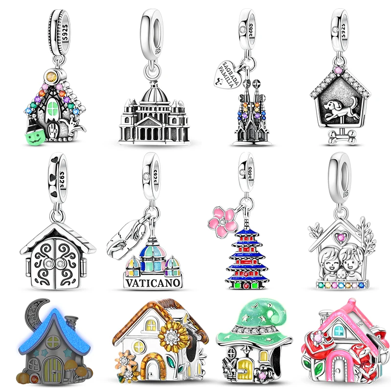 925 Sterling Silver Architecture Dangle Beads CZ Zircon  Magic House Vatican Pendant Charms For Women DIY Bracelet Jewelry Gift