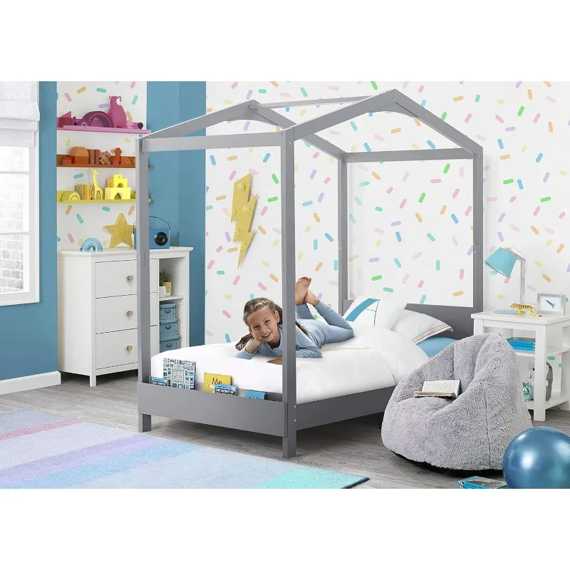 Children House Wood Twin Size Bed, Platform Bed - No Box Spring Needed, Hold up to 250 Pounds,82.59"L x 41"W x 75"H,Grey