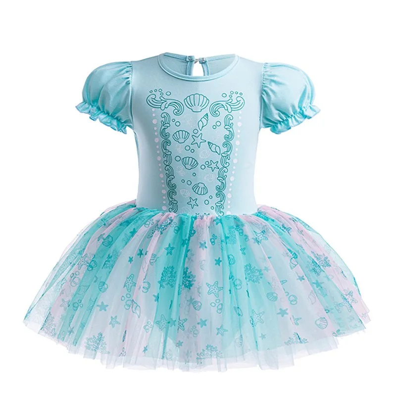 

Kids Girls Summer Short Puff Sleeve Dress Children Party Dresses Blue Print Round Collar Princess TUTU Ballet Dresses K8513