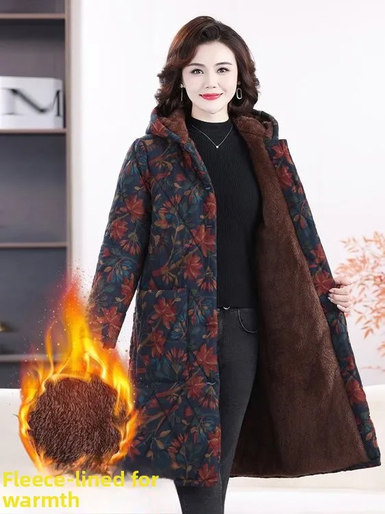 

Thiened Fce Women's Cotton Jaet Mid-Length Warm Winter Coat for Middle-Aged And ly Floral Cotton Padded Outerwear