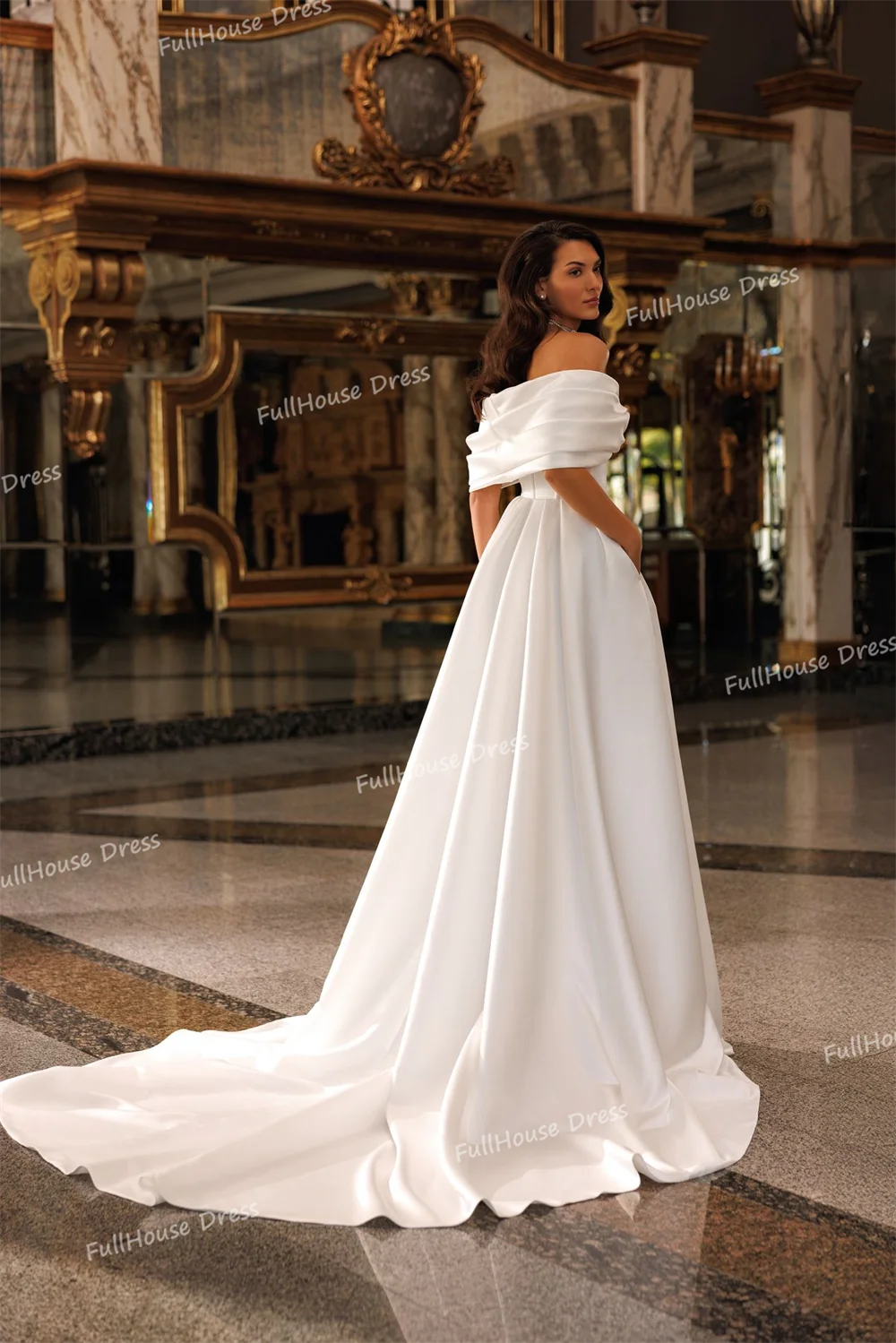 Custom Made Modern Off Shoulder Pleated A-line Side Split Wedding Gown Floor Length Crisscross Bridal Dress with Sweep Train
