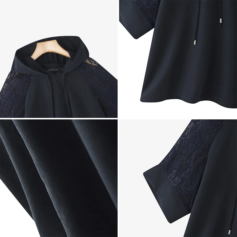 ZANZEA Blus Wanita Atasan Tambal Sulam Renda Tunik 2026 Kemeja Kasual Berkerudung Setengah Lengan Musim Panas Pullover Hoodie Fashion Blusa Solid