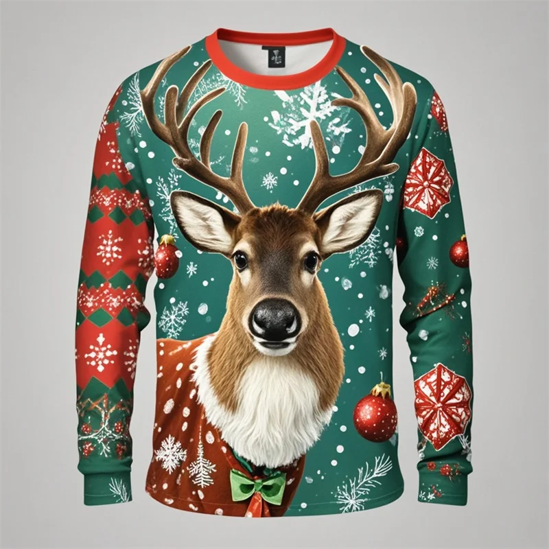 New Christmas Deer Pattern Men Fall Fashion T-Shirts Long Sleeve 3D Printed Street Trend Tee Plus Size Casual Top Mens Clothing