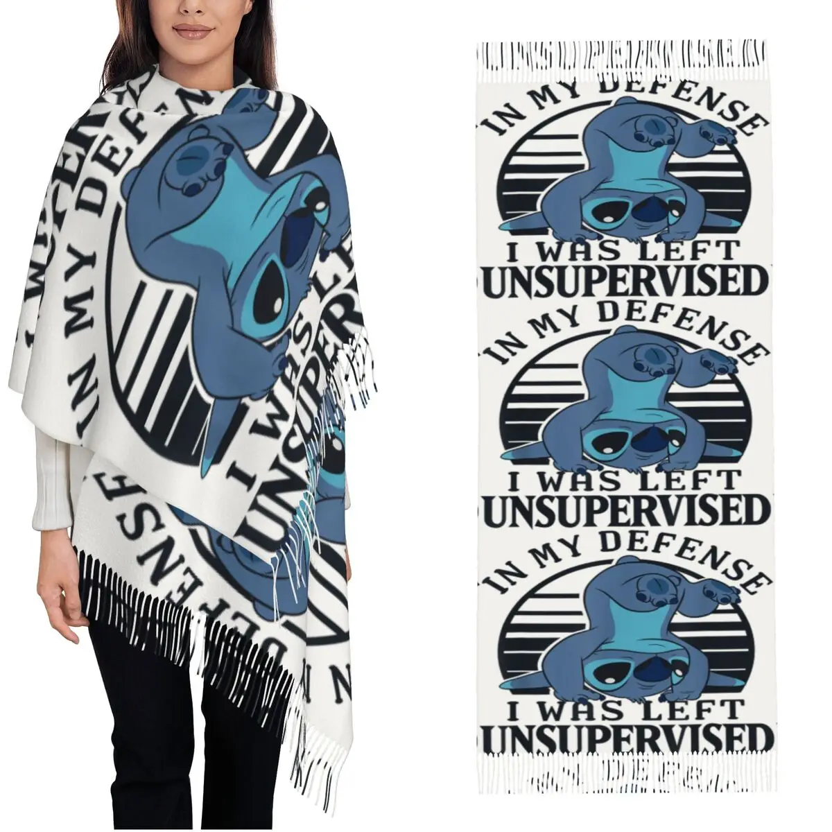 

Женский теплый мягкий шарф Lilo Stitch I Was Left Unsupervised в ретро-стиле с полосками и кисточками, люксовый бренд Bufanda Mujer