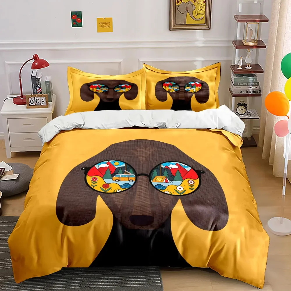3Pcs Dachshund Bedding Set, Cool Wiener Dog with Camping Sunglasses Print Duvet Cover + 2 Pillowcases, Whimsical Pet Decor