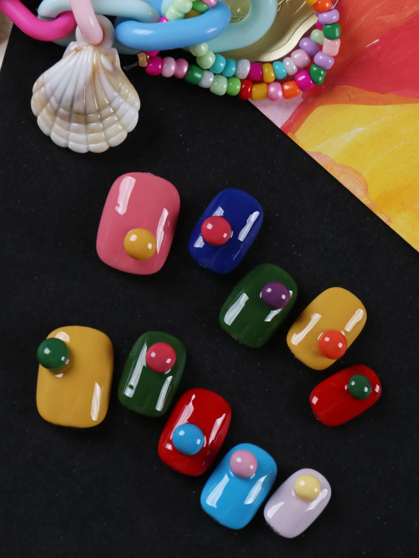 10Pcs Press on Nails  short colorful fingernail Pink yellow  nail art Fake Nails Includes 1 Sheet Adhesive Tabs & 1 Pc Mini File