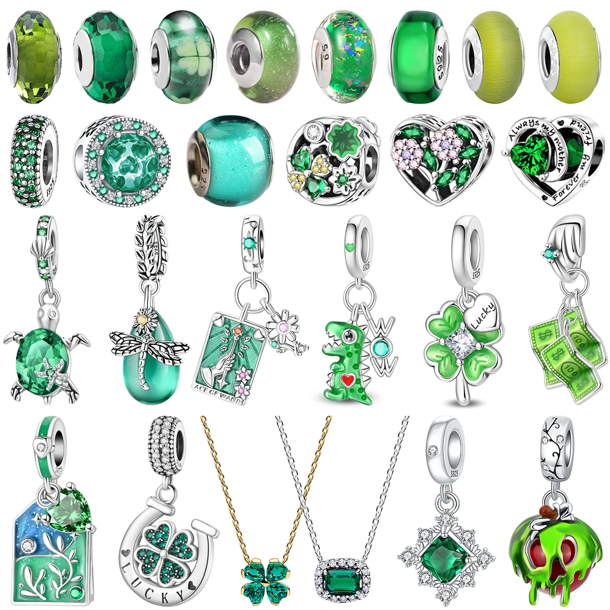 925 Sterling Silver Green Gem Clover Turtle Dinosaur Jade Apple Glass Beads Charms Pendent Fit Bracelet Necklace Jewelry Gift