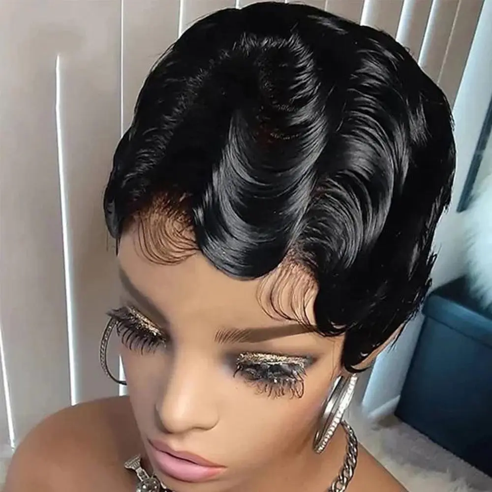 

Натуральный черный парик с стрижкой пикси на пальцах, 100% человеческие волосы Remy, изготовленный с машиной