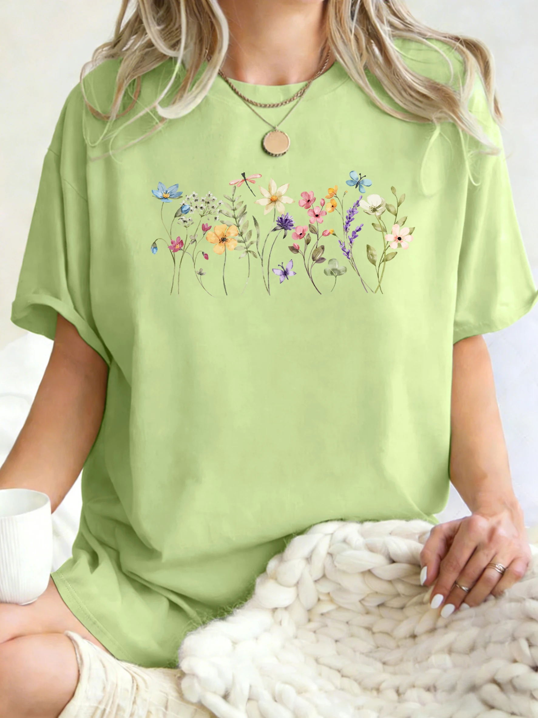 Schönes Blumen-, Schmetterlings- und Libellen-Print Damen T-Shirt Y2K O-Ausschnitt T-Shirts Hip Hop Lockere Kleidung Baumwolle Sommer Streetwear