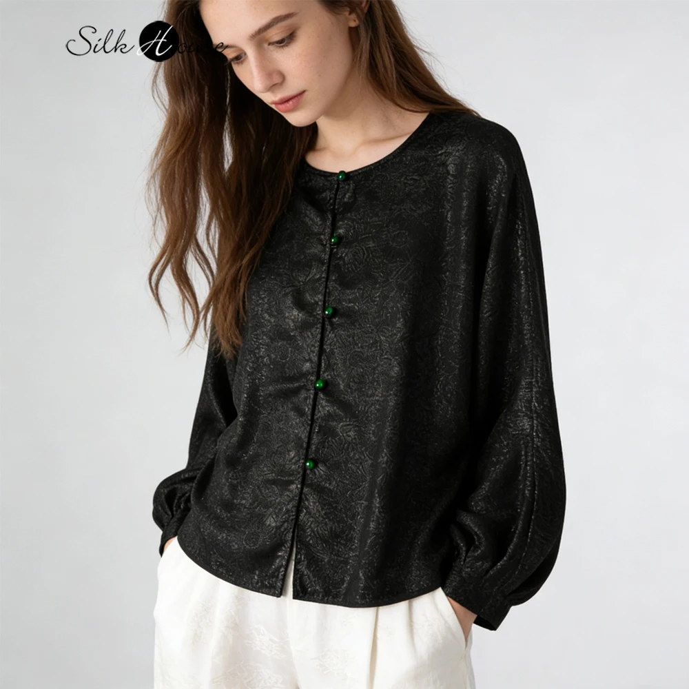 

Женская модная весенняя одежда: блузка с круглым вырезом и рукавами «летучая мышь» из смесового шелка (43% натуральный тутовый шелк) с золотой нитью и эффектом позолоты