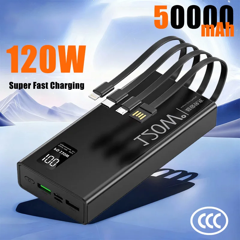 Banco de energía de 50000mah, Cable incorporado de carga rápida de 120W, cargador portátil de batería grande externa para iPhone, Samsung y Xiaomi