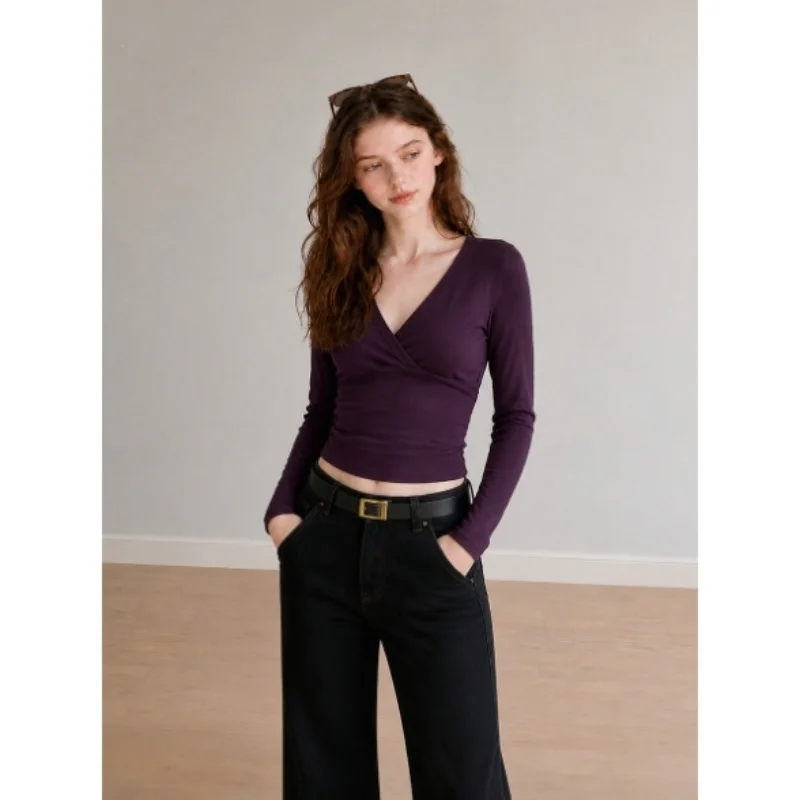 Elegant Deep V-Neck Low Chest Cross Long Sleeve T-Shirt Women Early Autumn Correct Shoulder Slimming Base Top