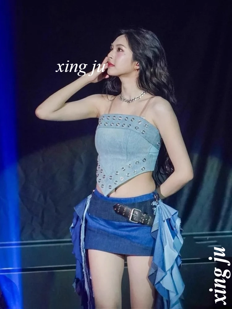 Women Singer Jazz Dance Costume Group Performance Blue Strapless Denim Short Tops Nightclub Stage Irregular Skirt Kpop Outfits