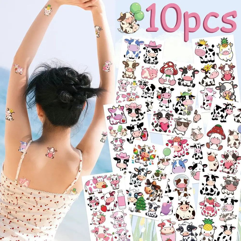 10 pçs dos desenhos animados engraçado vaca tatuagem adesivos falso vaca tatuagens adesivos à prova dwaterproof água engraçado para crianças presente de aniversário brinquedos do miúdo corpo adesivos