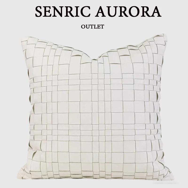 Handwoven Beige Cushion Cover Soft Breathable PU Leather Fabric Modern Luxury Sample Room Square Pillowcase