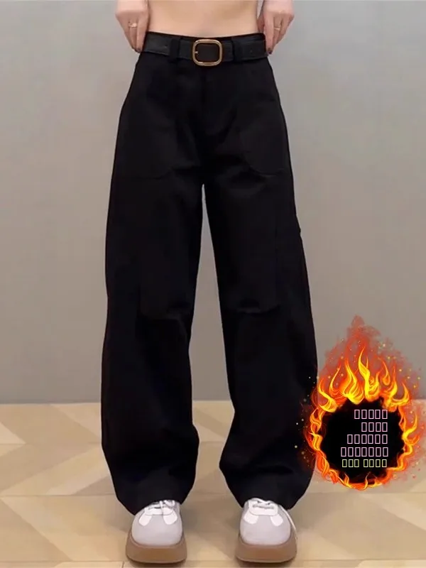 

Брюки женские повседневные с высокой талией, широкими штанинами, на подкладке, осенне-зимние, больших размеров, свободные, стройнящие