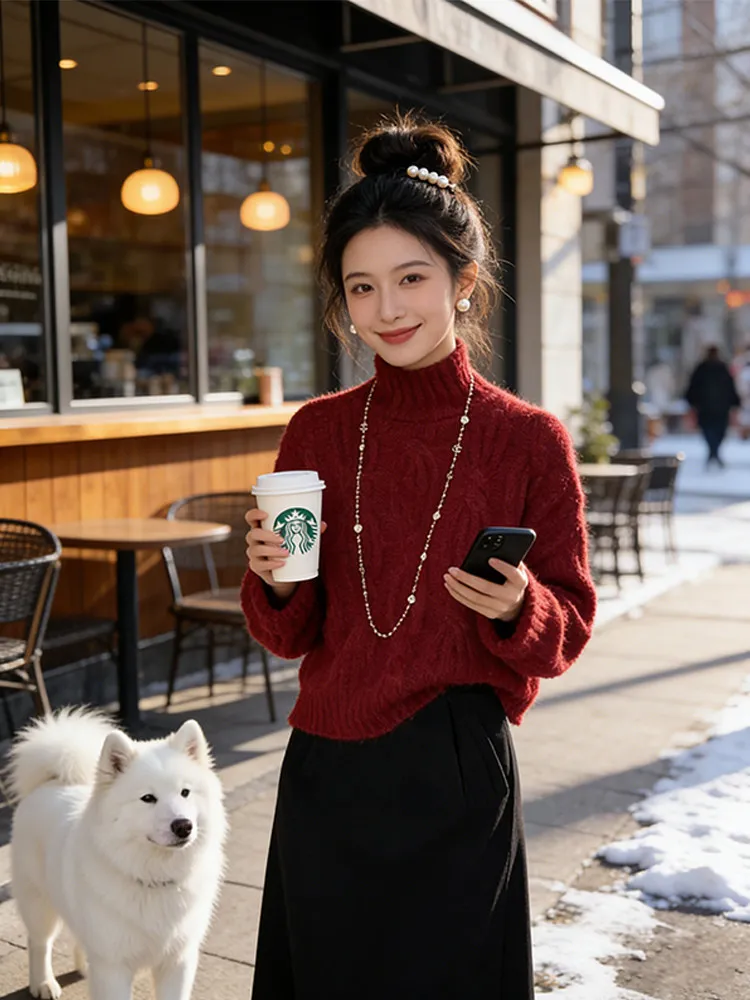 

Вязаный свитер Laid-ba Sle Red: повседневный, теплый, винтажный, осенне-зимний, новинка, женский, модный, Cleanfit, стандартный крой