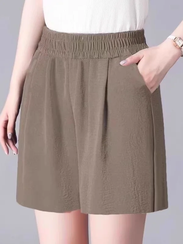 여성 여름 아이스 실크 와이드 레그 팬츠 얇은 신축성 허리 캐주얼 바지 엄마용 티셔츠-쿼터 길이 폴리에스터 섬유